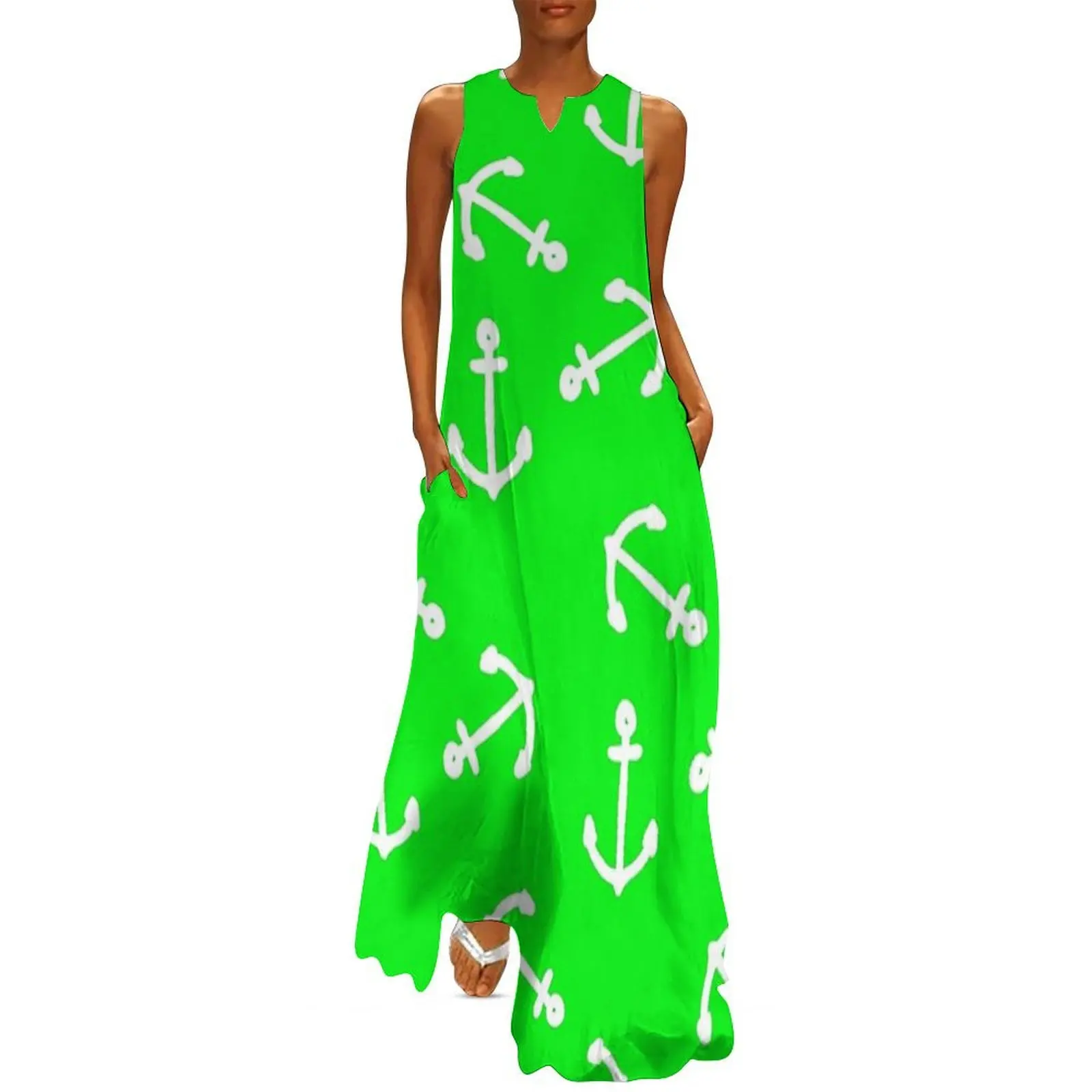 

Nautical Anchors lime green And White Vintage Long Dress sexy dress party dresses women Summer women's clothing