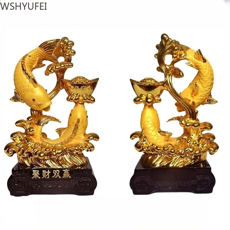 Golden Double Fish Wealth Ornament, High-end Decor for Wine Cabinet Office Cashier Desk, Housewarming Business Opening Gift