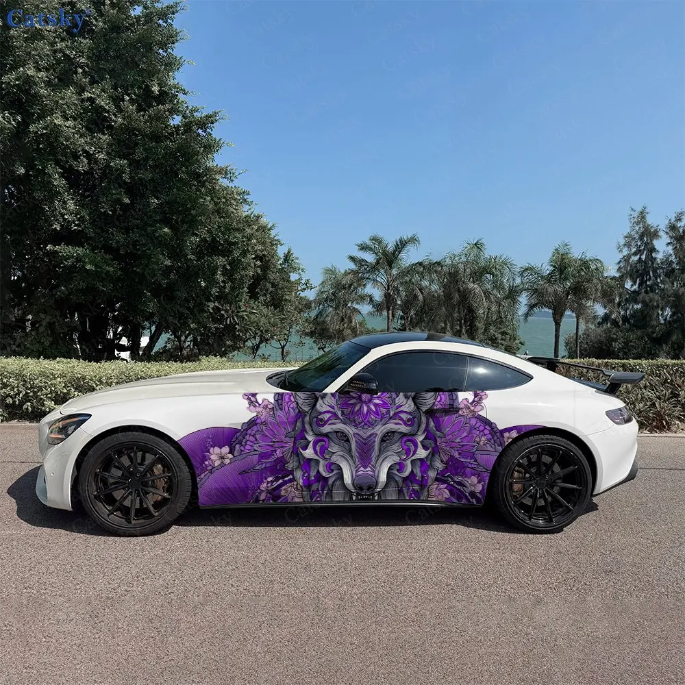 2pcs Flower Wolf Purple Charm Roar, Durable, Fade-resistant, Enhance Vehicle Aesthetics With Bold Artistic Design Car Vinyl Wrap