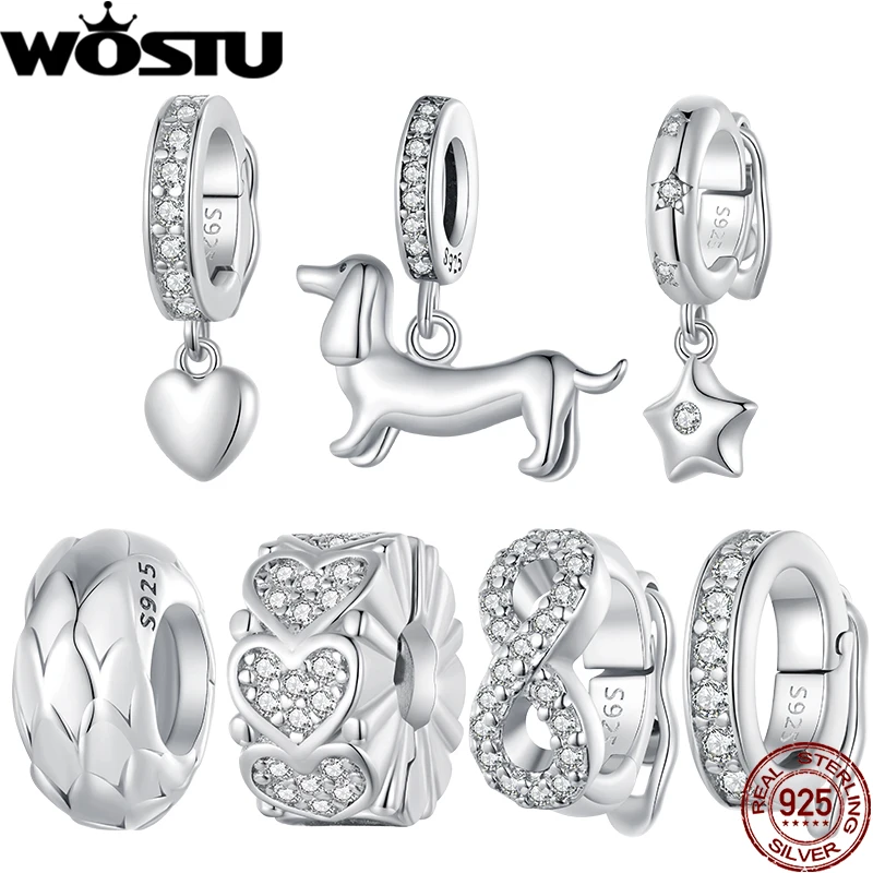 WOSTU 925 Sterling Silver Dachshund Pendant Shining Zircon Infinite Love Buckle Silicone Spacer Bead Fit Original Bracelet DIY