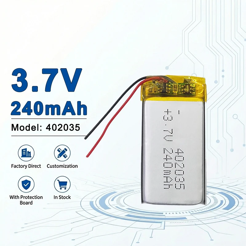 

Аккумулятор Li-Polymer 402035 3.7V 240mAh ультратонкий, перезаряжаемый, для Bluetooth-устройств и портативных гаджетов 402050