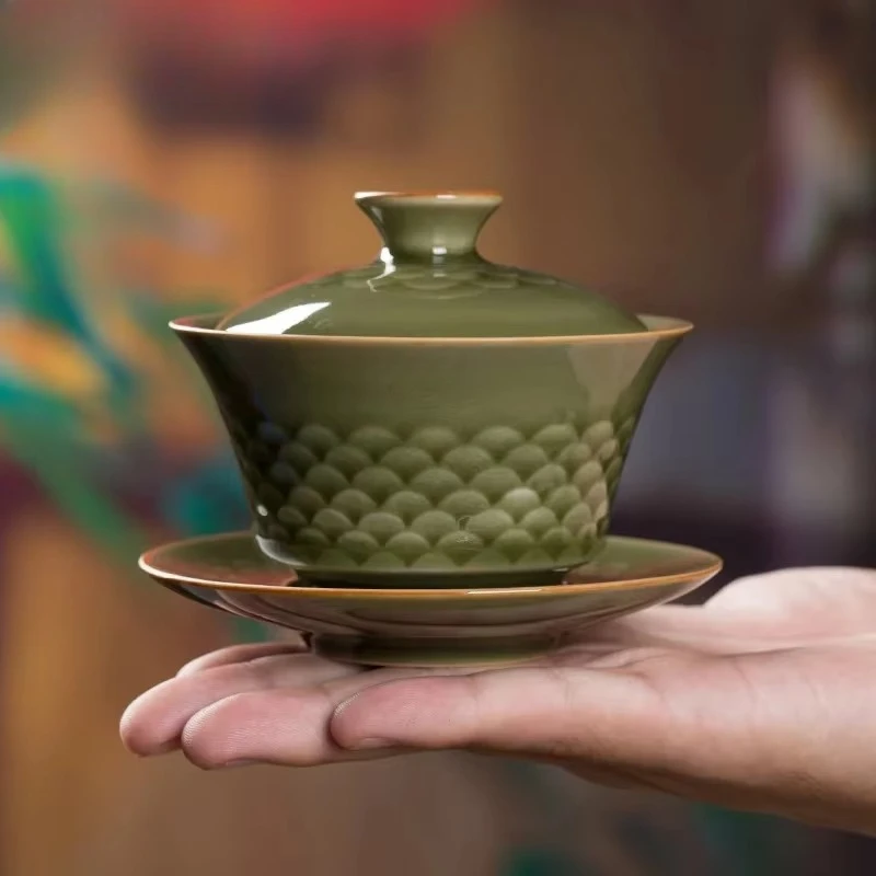100ml Handmad Longquan Celadon Hand Grasping Gaiwan Fish Scale Three Talent Tea Tureen Tea Maker Cover Bowl Tea Ceremony Gift