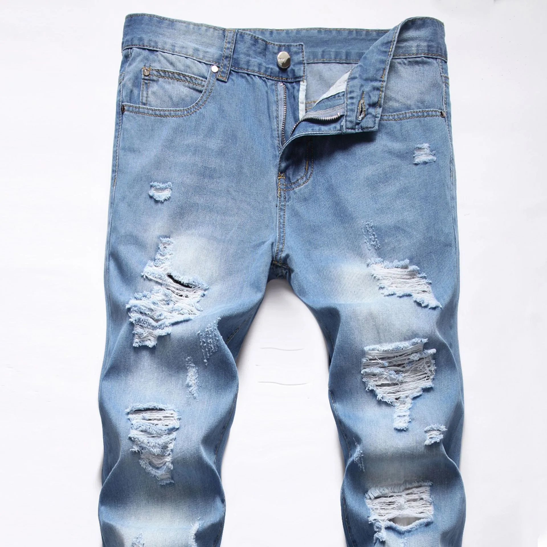 Hip hop trend broken beggar multi monkey craft light blue small straight leg jeans man