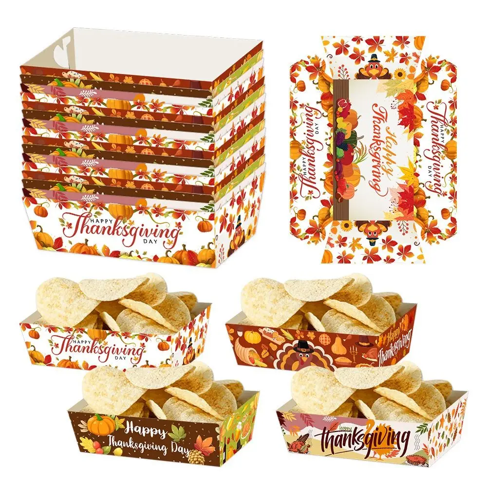 Mini cajas de papel para aperitivos, 12 Uds., rectangulares, con estampado de hojas de arce y calabaza, sartenes desechables para hornear, plato de cena grueso para Festival