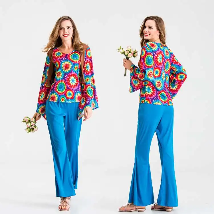 Halloween Fashion Retro 70s Girl Floral Print Blue Disco Suit Beatles Stage Show Game Performance Uniform Old Fashioned Costume