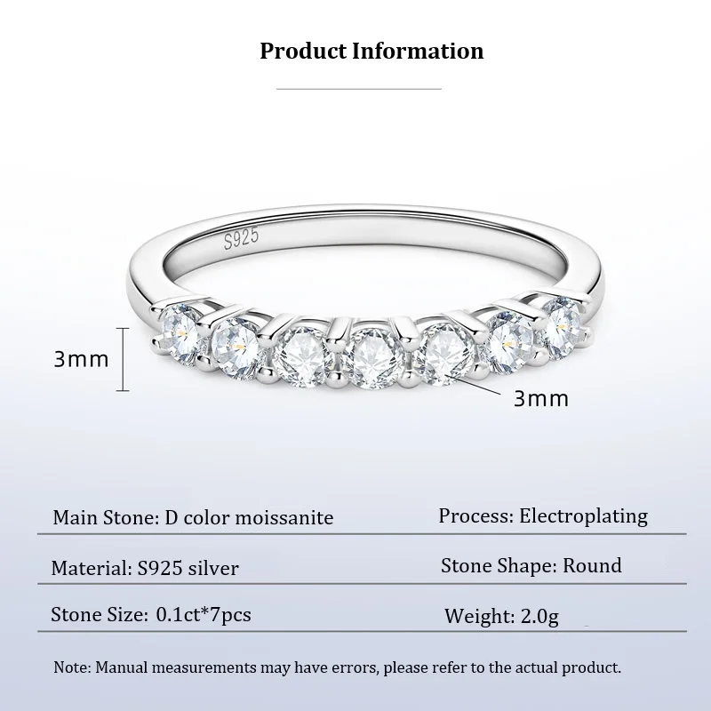 IOGOU Classic Half Eternity Ring 3mm Moissanite Lab Diamond Stackable Band 7-stone Rings for Women 925 Silver Finger Jewelry Gra