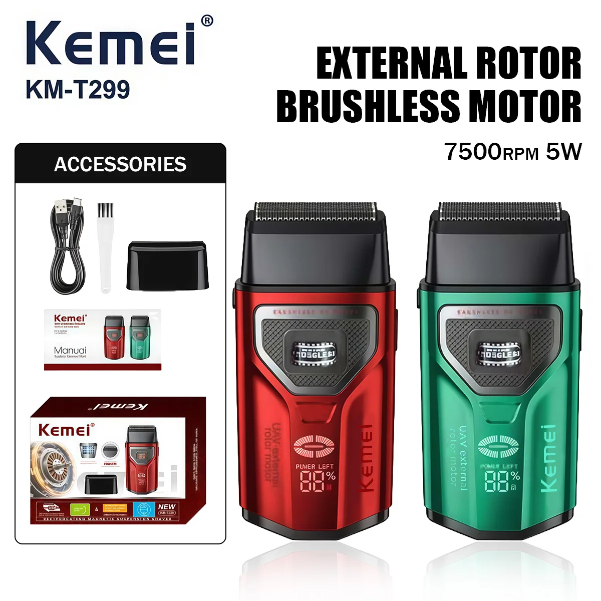 Kemei Beard Trimmer Professional Double Foil Shaver LCD Display Shaver External Rotor Brushless Motor Beard Trimmer Men KM-T299