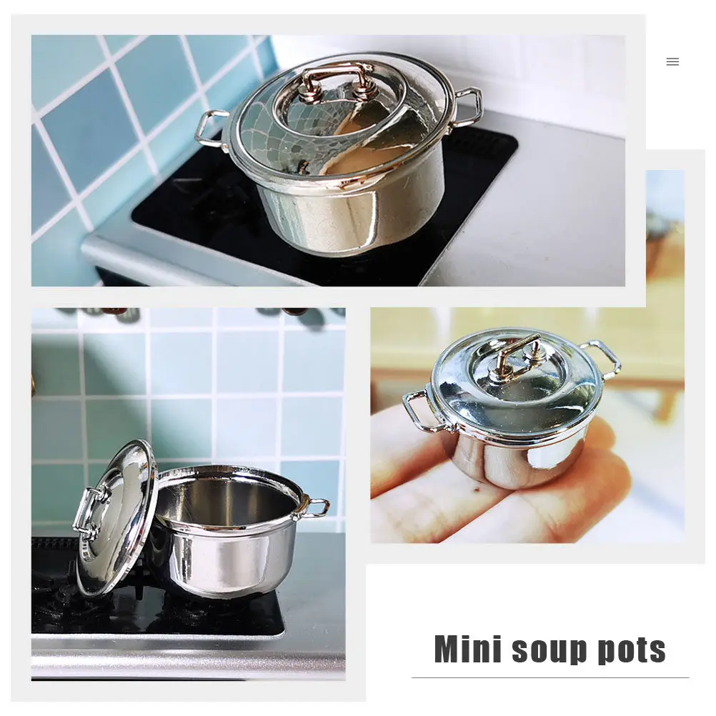 

3Pcs Mini Soup Pot Alloy Fine Workmanship Realistic Design Small Decoration Photo Props Play Kitchen Accessories Imitation