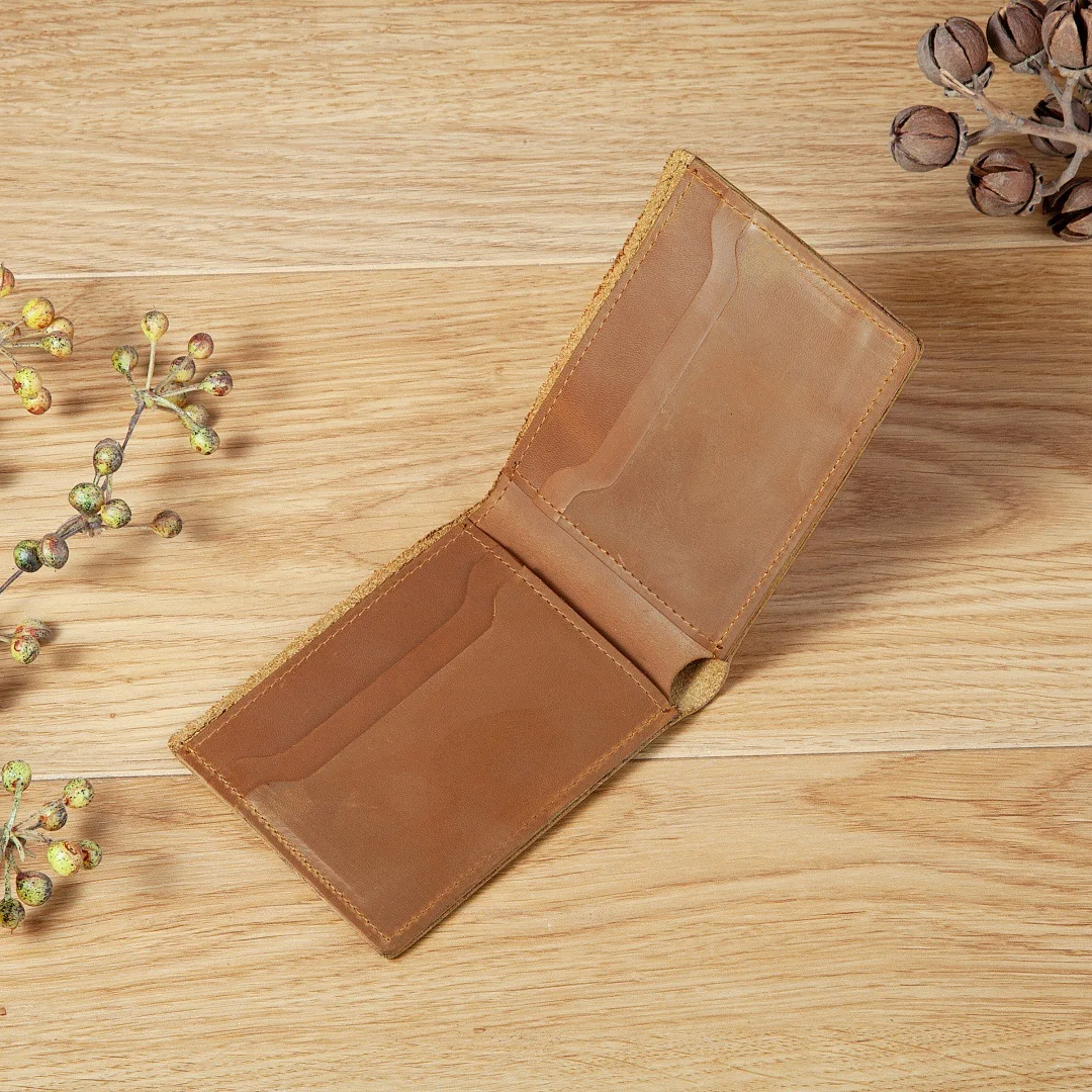 Slim Bifold Crazy Horse Leather Wallet, Thin Front Pocket Wallet with Card Slots, Minimalist Vintage Cowhide Short Purse for Men