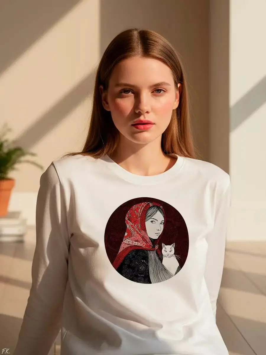 Russian Babushka Scarf Print Cat Cartoon Pattern Cartoon T Shirt Women Sweatshirt Long Sleeve O-neck Spring 2026 100% Cotton Top