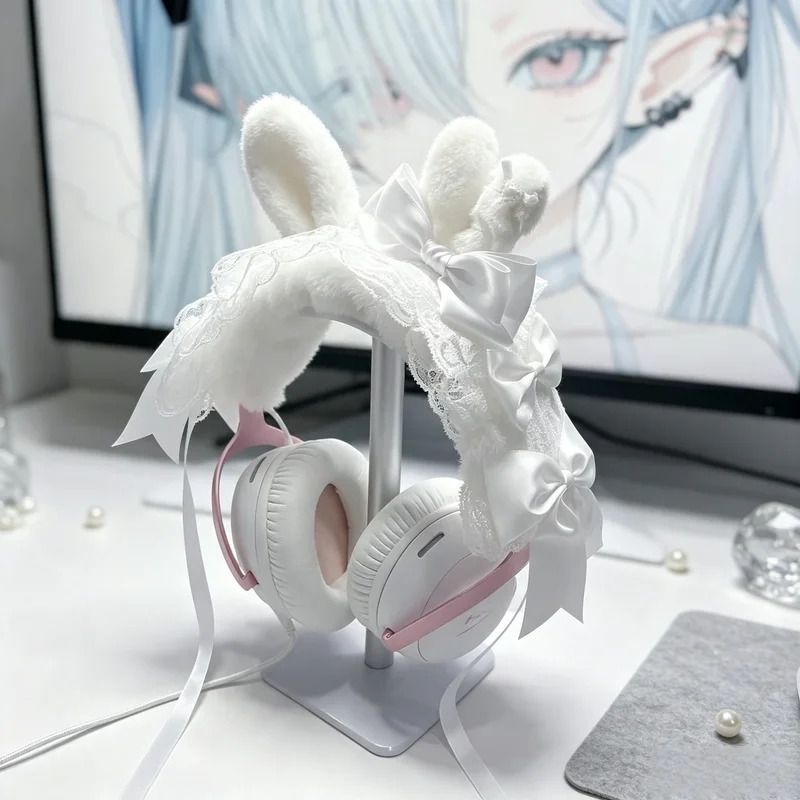 ヘッドマウント型ヘッドホンカバー-レース付き-かわいい小さなウサギ-純白のリボン-保護セット-airpods-max-y2k-hurricane-3に適しています