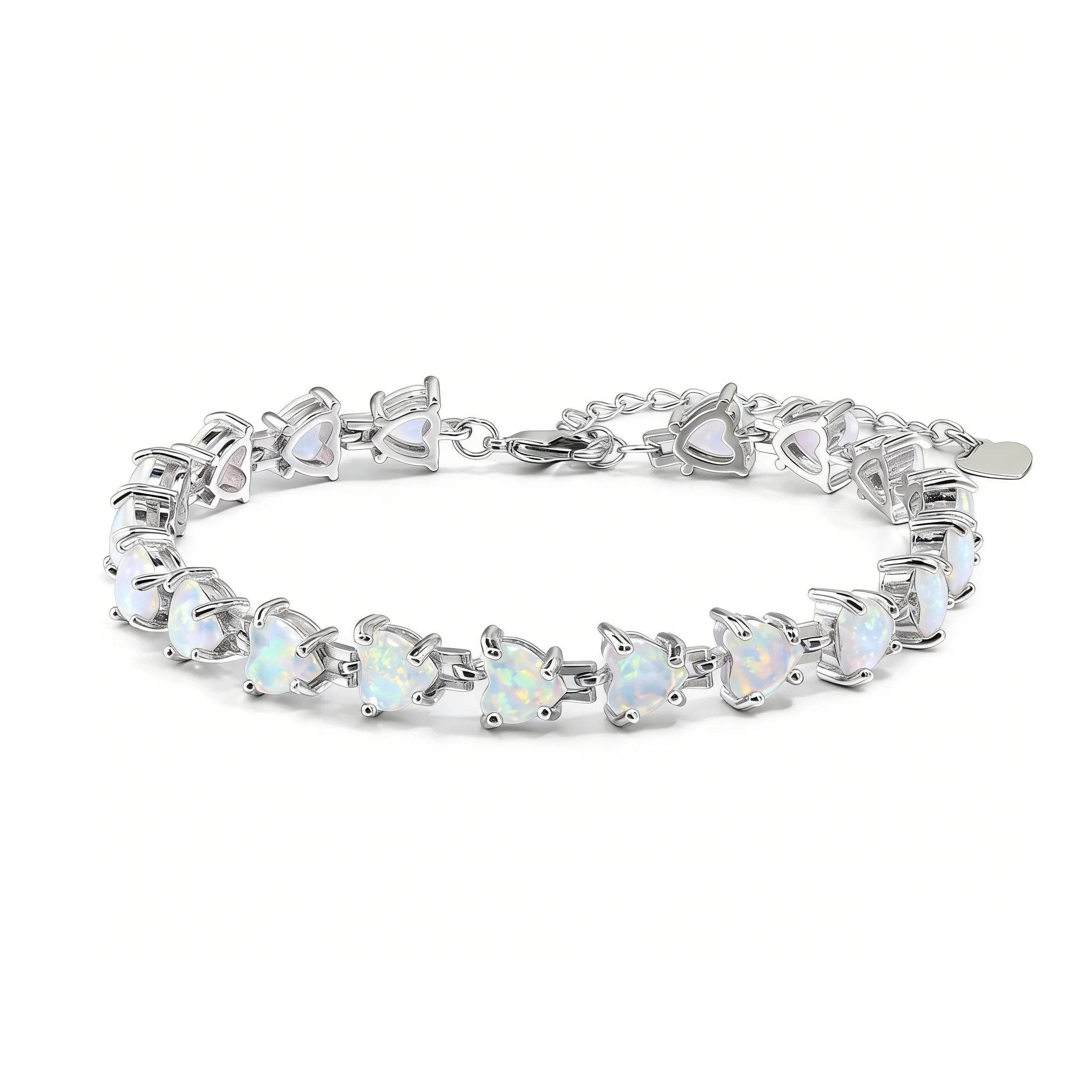 

Heart-Shaped White Opal Bracelet Silver Color, Iridescent Rainbow Fire Opal Chain with Lobster Clasp, Adjustable Dainty Jewelry