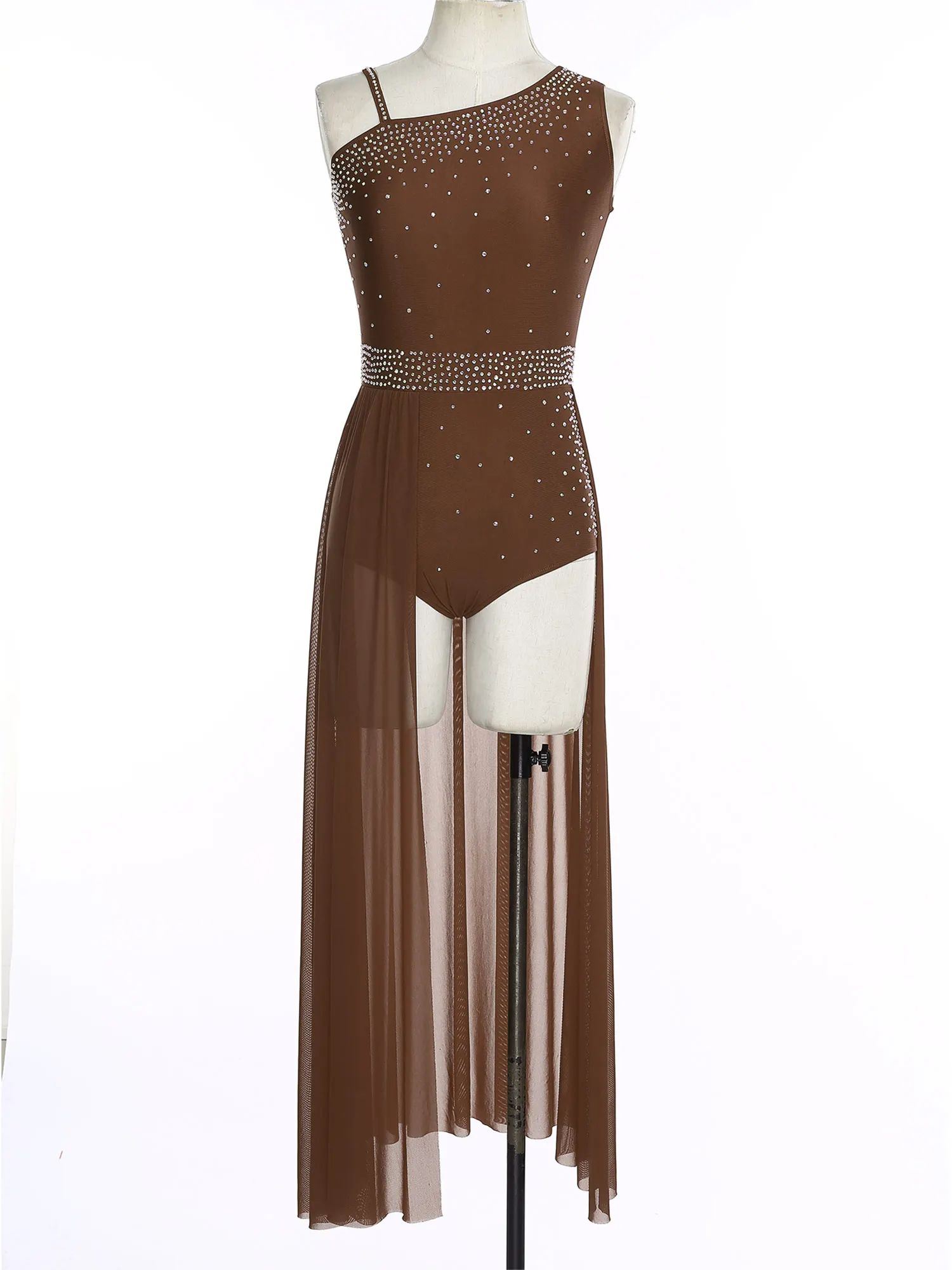 Women Split Sheer Mesh Spliced Lyrical Modern Dance Costume Glittery Rhinestones Asymmetrical Shoulder Contemporary Dancewear