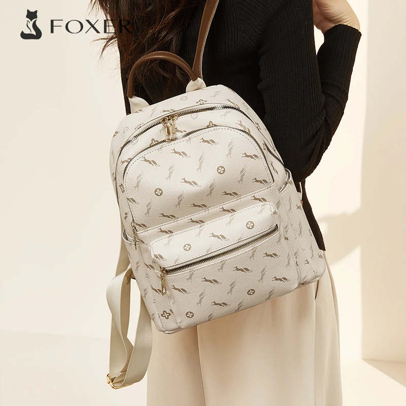 FOXER Women Fashion Backpack Elegant Printed Leather Rucksack Large Capacity Daily Girl's School Bag Travel Ladies Shoulder Bag