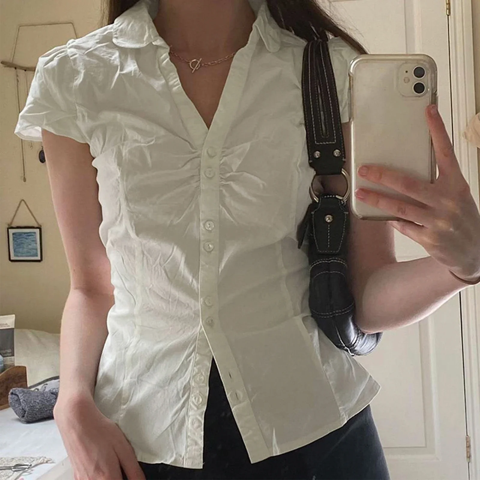 

Women Summer Kawaii Solid Shirring Button Up Turn Down Collar Short Sleeve White Shirts Ladies Office Casual Summer Clothes