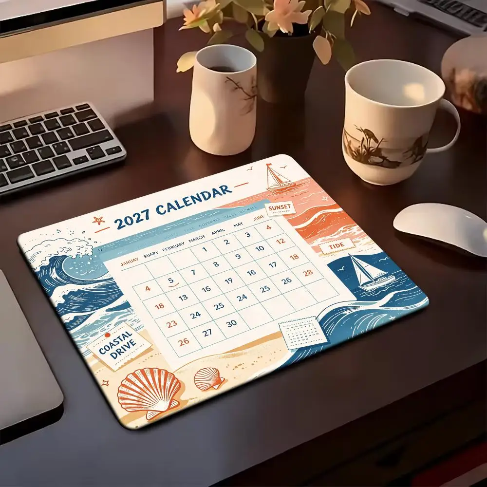 2027 Ocean Beach Calendar Square Mouse Pad Extended Card DeskMat Stitched Edge Non‑Slip Keyboard Mat For Home Office CP Game Mat