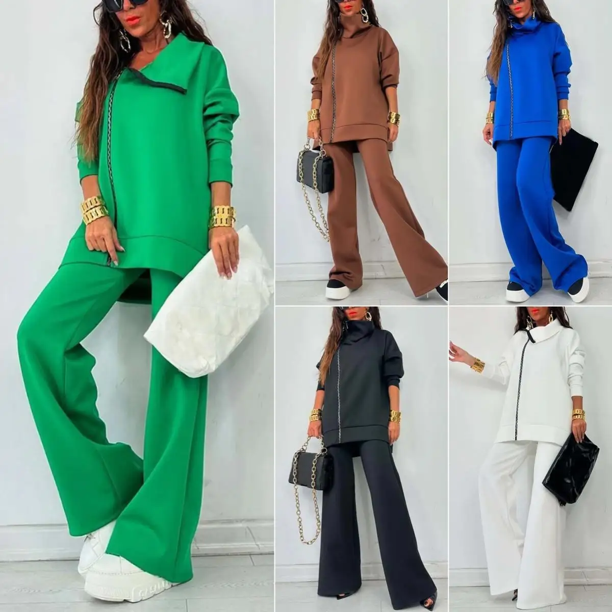 Felpa con cerniera da donna e pantaloni a gamba larga Set lungo Sve Classic Sle Pure Color Autumn Faion Tee Piece Set