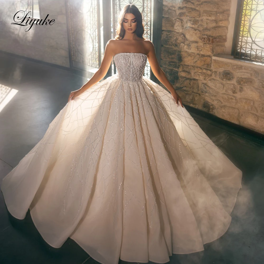 Liyuke-vestidos De novia sin tirantes con hombros descubiertos, impresionantes vestidos De novia De encaje bordados con cuentas De lujo, Vestido De novia