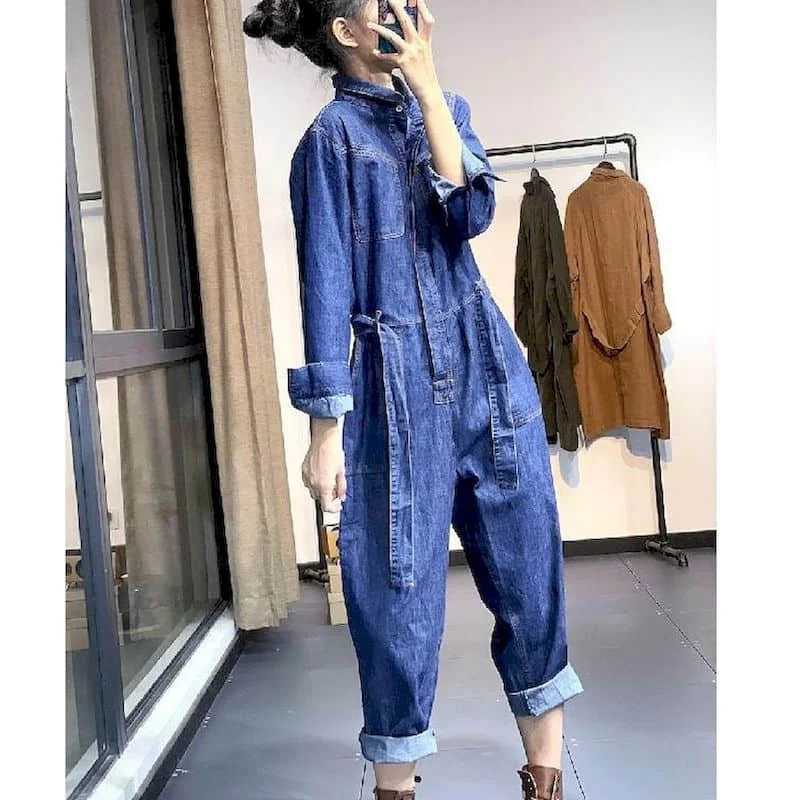 

Джинсовый комбинезон большого размера с поясом, женские комбинезоны с длинными рукавами и высокой талией, новые модные топы, повседневный цельный наряд для женщин