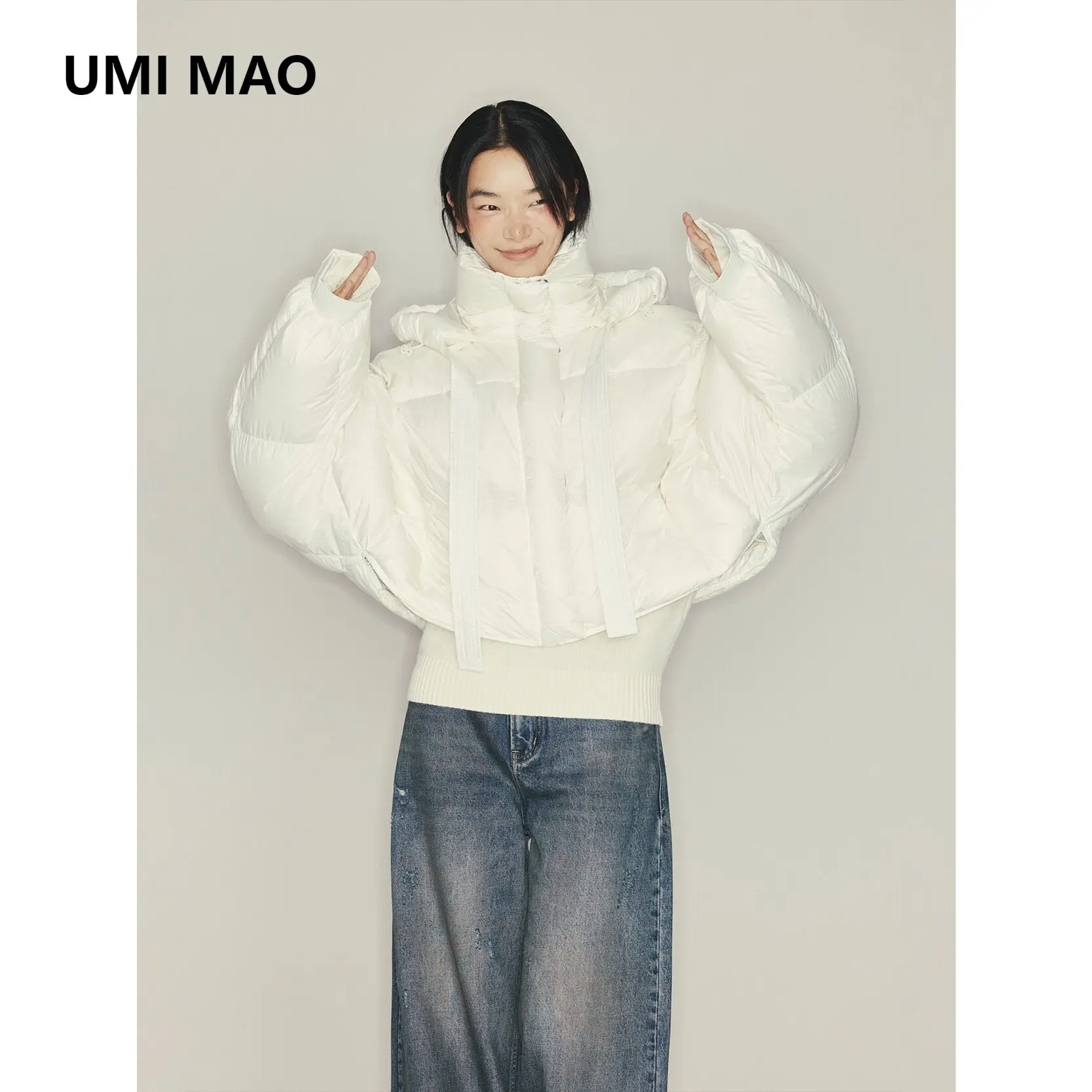 UMI MAO New 90 White Duck Down Jacket Ultra Lightweight Sleeved Hooded Drawstring Thickened Warm Down Coat Mujer Femme