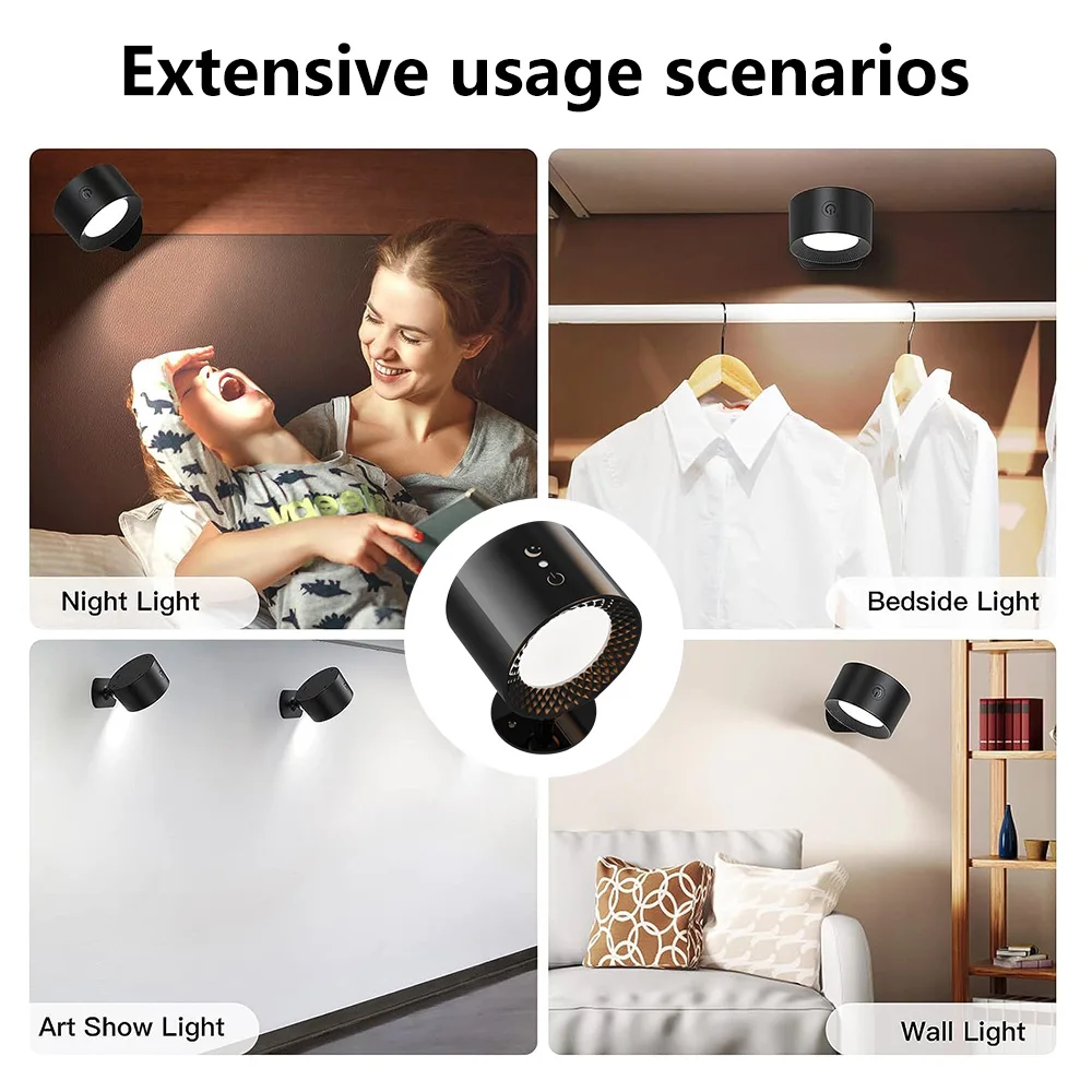 USB Rechargeable LED Wall Light Touch Control 360 Rotate Cordless Wall Mounted Sconce Lights For Bedroom Reading Lamp