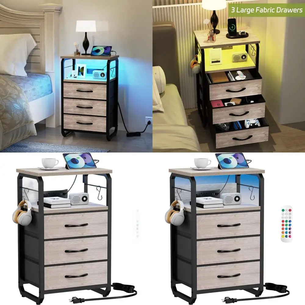 

Прикроватная тумбочка из бежевой ткани с 3 ящиками и зарядной станцией и светодиодными крючками для прикроватной тумбочки для хранения в спальне/гостиной