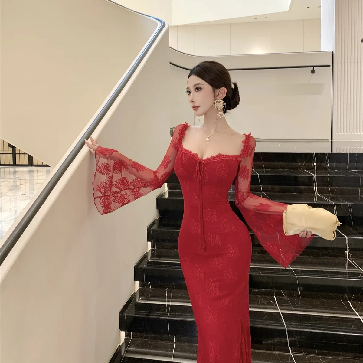 

Ele Long Lace Dr для похудения Белый Bell Sve Высокая талия Осень Зима Новый Sle Женский сексуальный H-образный Dr для повседневного использования