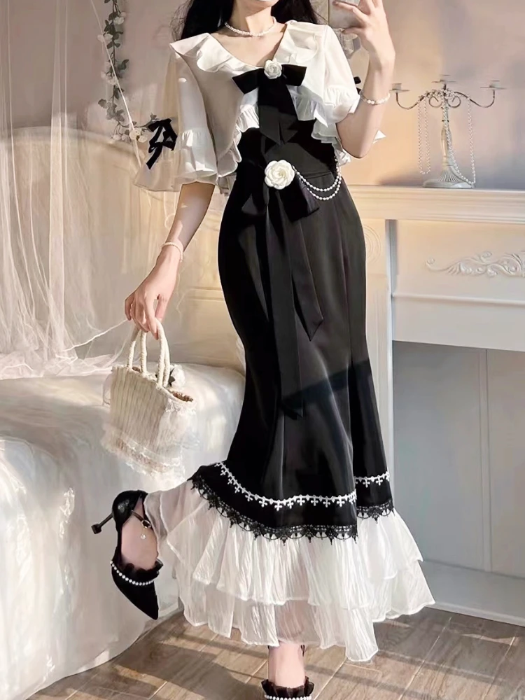 2023 Summer 2 Piece Dress Set Women Elegant Vintage Midi Dress + Casual Blouse Kawaii Clothing Lolita Dress Fashion Suits Chic