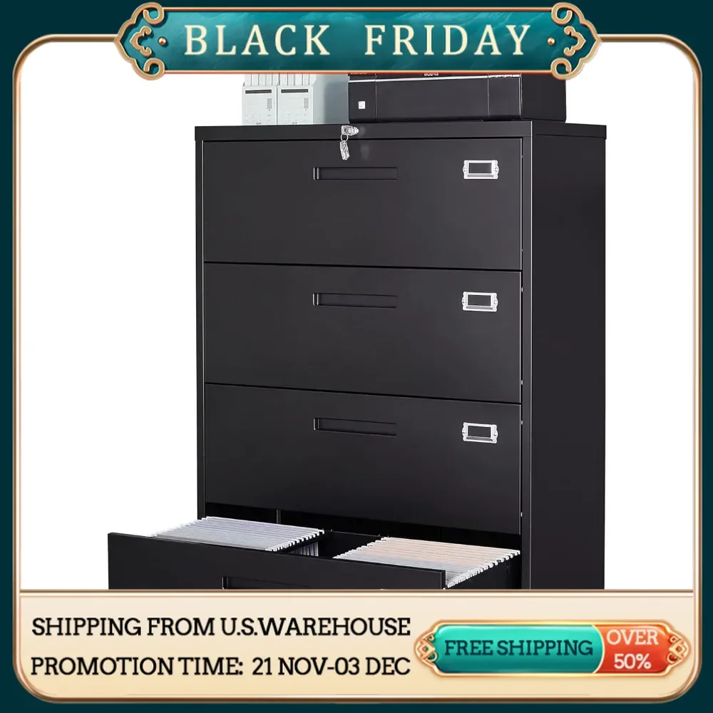 File Cabinet 4 drawer filing cabinet, metal horizontal filing cabinet with lock, suitable for letters/legal/A4 size documents