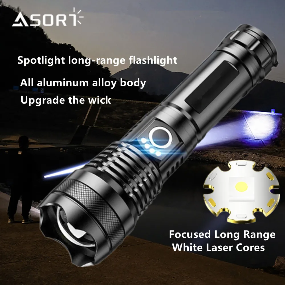 

High Power Spotlight Long Range LED Flashlight With Power Type-C Charging Zoomable Aluminum Alloy Tactical Torch Outdoor Lantern