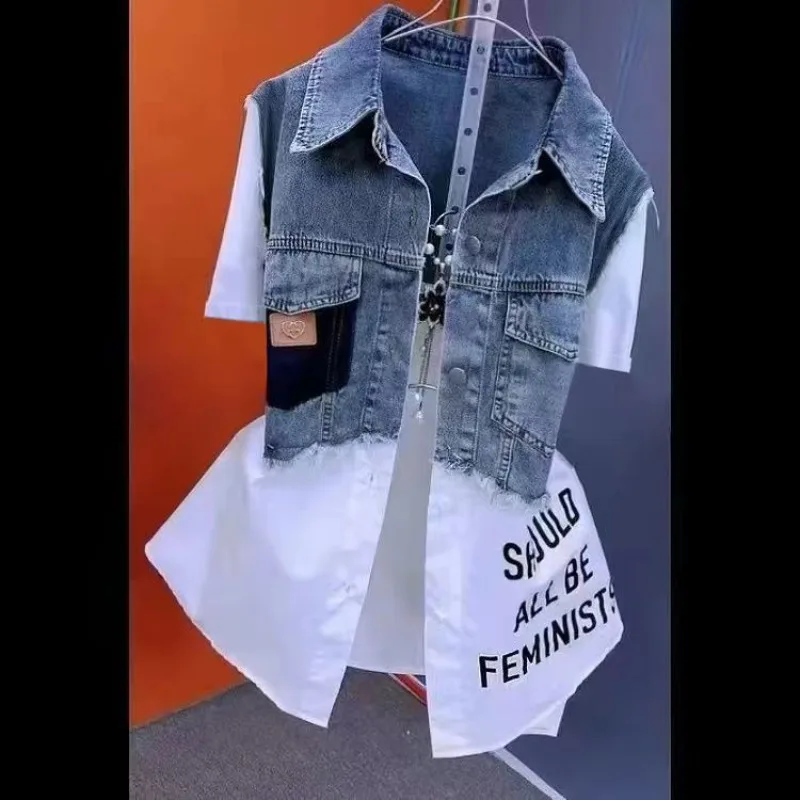 

High Quality and High Appearance Level Tops Thin White Retro New Denim Coat Casual Patchwork Striped Shirt Vest Cover Belly Cute
