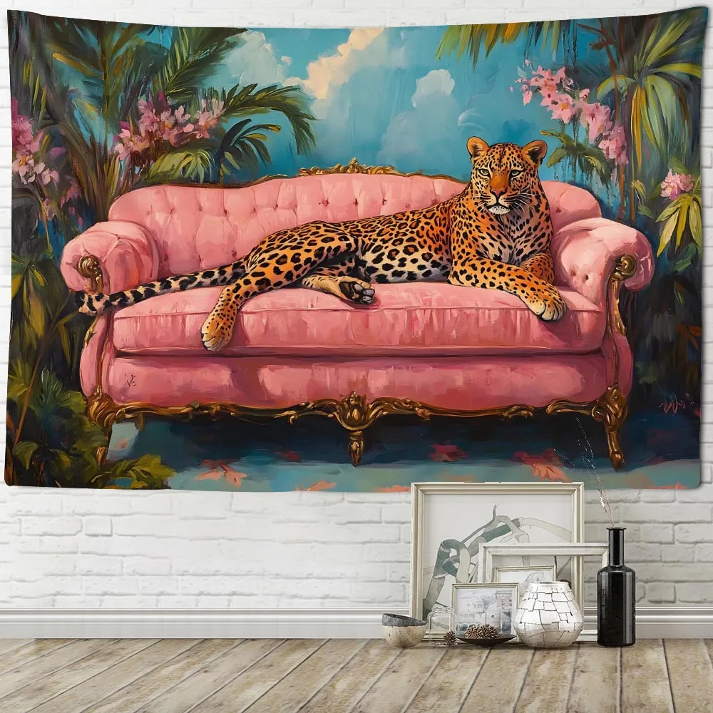 Cheetah Tapestry Wall Mounted Comfortable Leopard in Retro Sofa Printed Tapestry Plant Flower Bedroom Dormitory Life