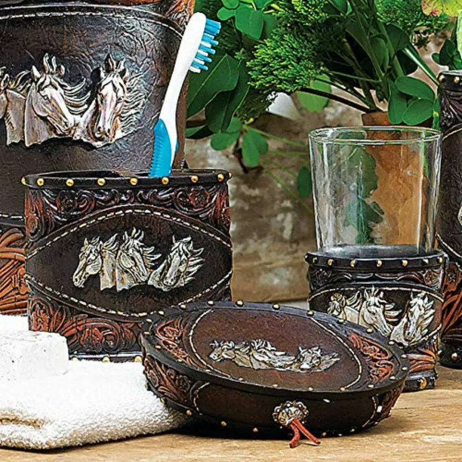 

BLACK FOREST DECOR Кожаный набор для ванны с конскими инструментами, 3 предмета для хранения в ванной комнате, коричневая кожа, премиум-класса, элегантность в деревенском стиле