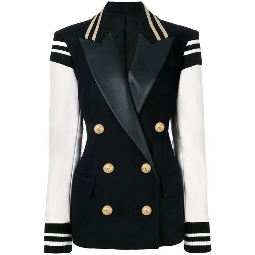 Women's Lion Buttons Double Breasted Leather Sleeve Patchwork Blazer2026 Classic Varsity Jacket