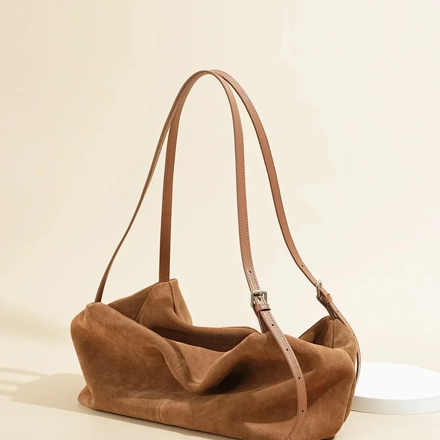 Versatile Suede Frosted Cowhide Tote Bag for Autumn Winter Large Capacity Shoulder Underarm Pillow Bag