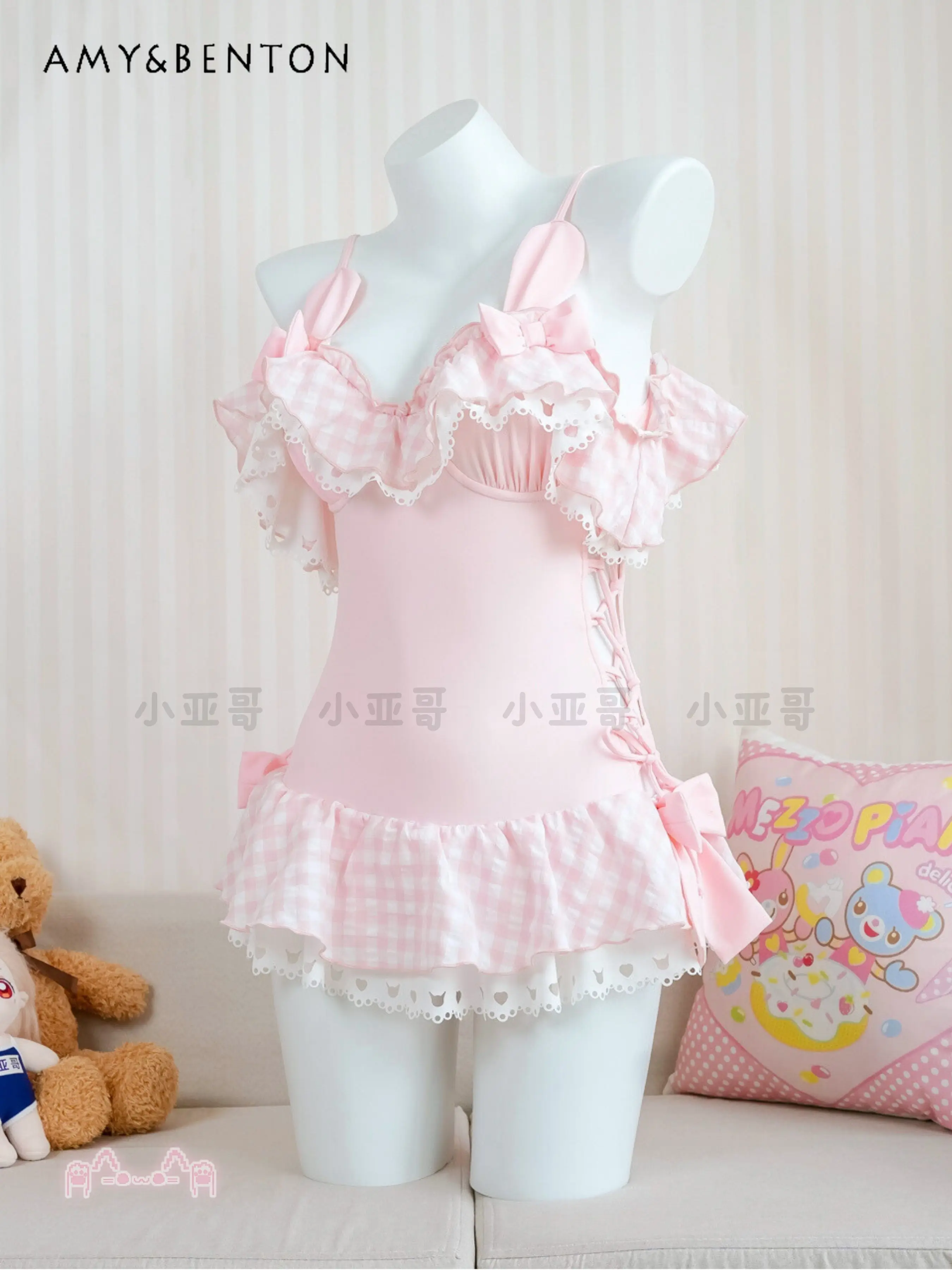 

Sweet Cute Bow Plaid Lace Splicing Suspender One Piece Swimsuit Women Japanese Kawaii Girl Pink Swimsuit Students All Match