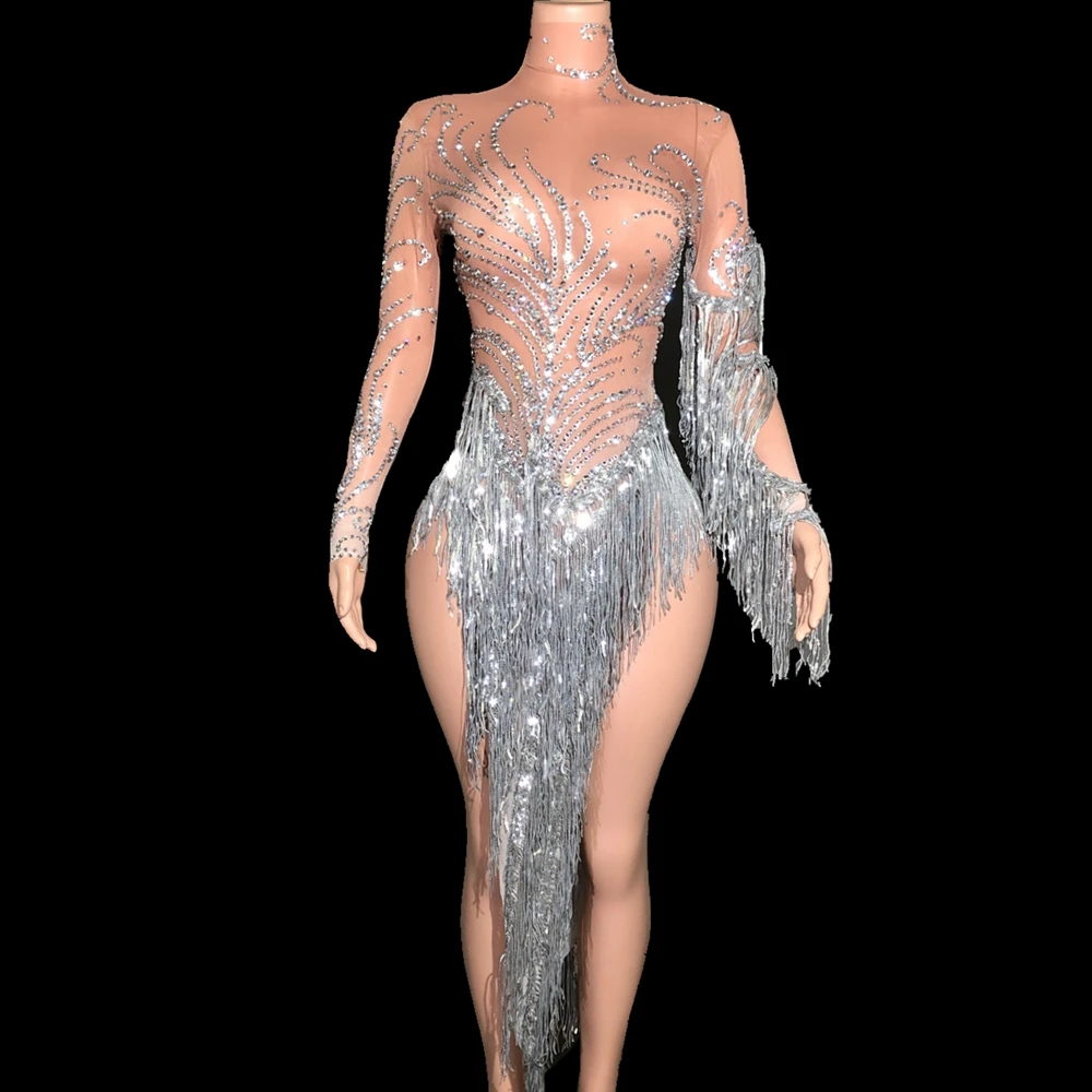 

Блестящие стразы и кисточки, женское сексуальное прозрачное вечернее платье для празднования дня рождения, танцевальный костюм, сценическая одежда