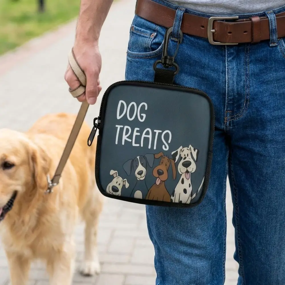 Waterproof Dog Treat Pouch Zipper Closure Clip Attachment Pet Training Reward Bag Printed Design Transparent Window
