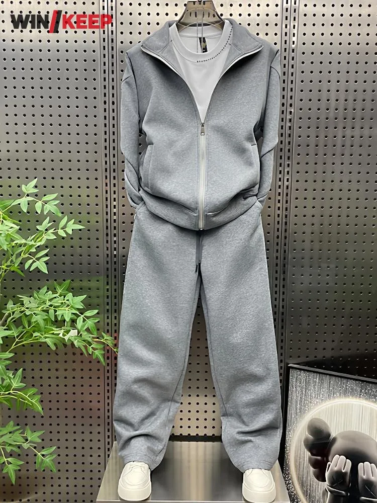 Men Outdoor Autumn Winter Fashion Jogging Two Piece Running Set Tops Pants Tracksuit Zipper Solid Color Gym Fitness Sports Sets