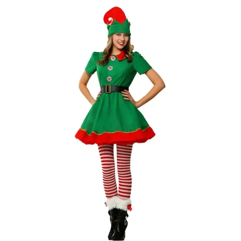 

2025 New Christmas Women and Girl Green Elf Cosplay Family Party Costume Santa Claus Halloween New Year Fancy Dress Clothes Set