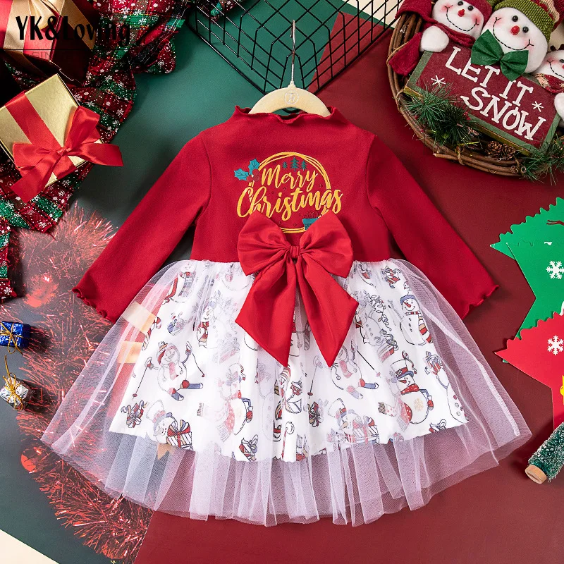

Toddler Girls Christmas Clothes Baby Long Sleeve Bow Santa Print Dress For Children Christmas Birthday Party New Year Outfits