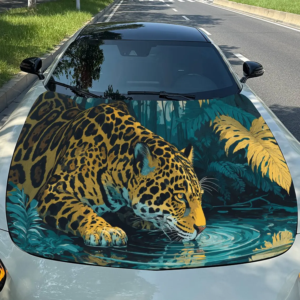 

Jungle Jaguar Wild Charm ПВХ обертывания на капот автомобиля, самоклеящаяся водонепроницаемая наклейка на капот автомобиля, защитная наклейка для украшения автомобиля
