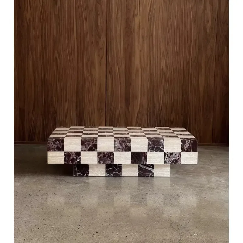 Natural Marble Coffee Table Checkerboard Pattern Limestone Center Table Modern Living Room Furniture Factory