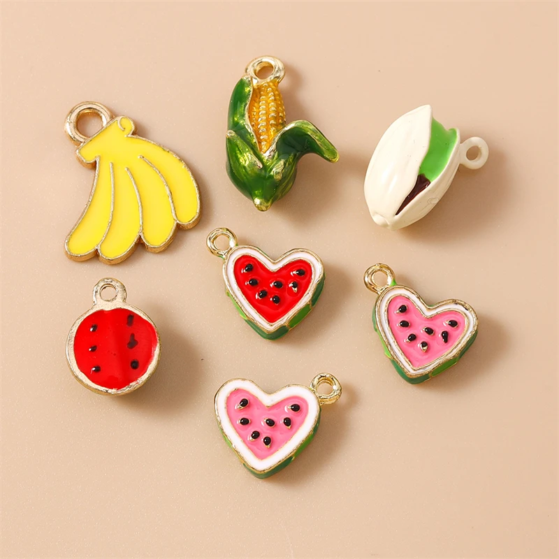 5 Stück Niedliche 3D Emaille Lebensmittel-Anhänger (Banane, Wassermelone, Mais) für Schmuckherstellung, Halsketten, Ohrringe, DIY-Bastelzubehör – Detail 3