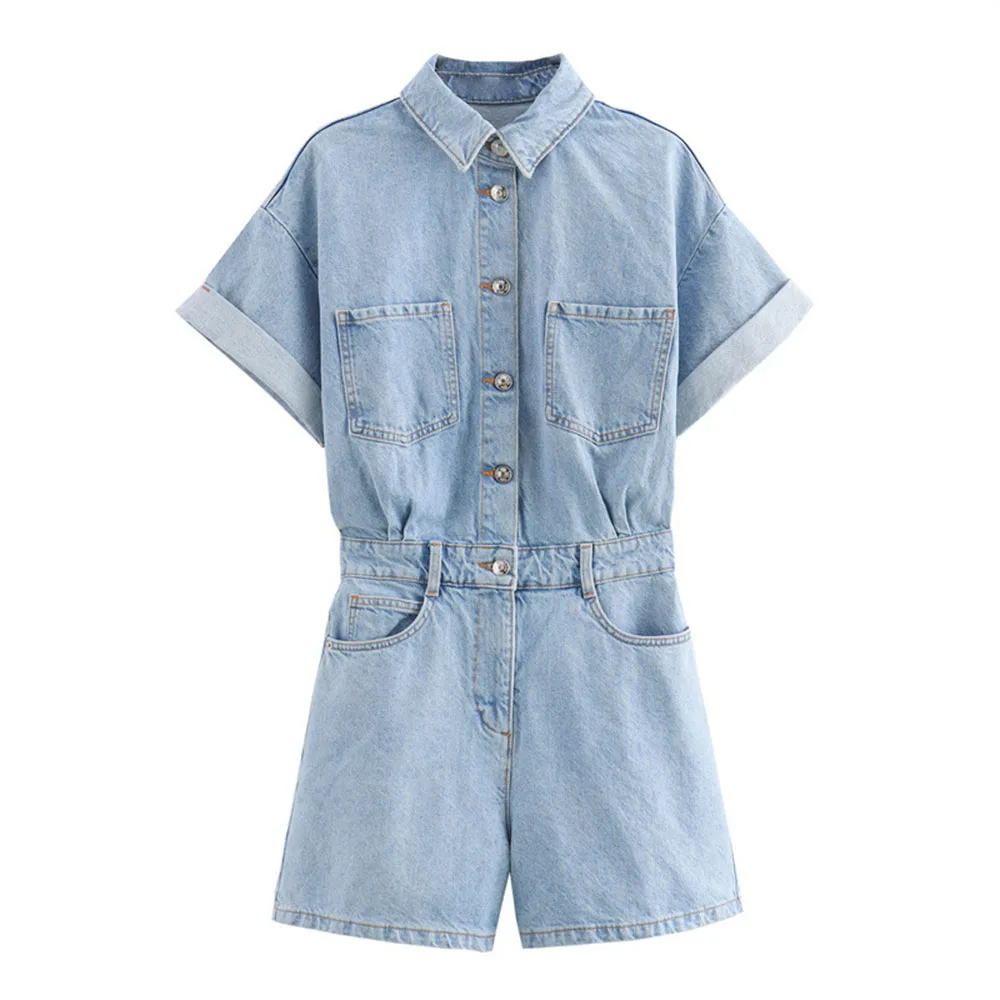 Trendy Lapel Solid Denim Jumpsuit Practical Pocket Design Short Sleeve Daily Streetwear Casual Fashion Summer One Piece Rompers