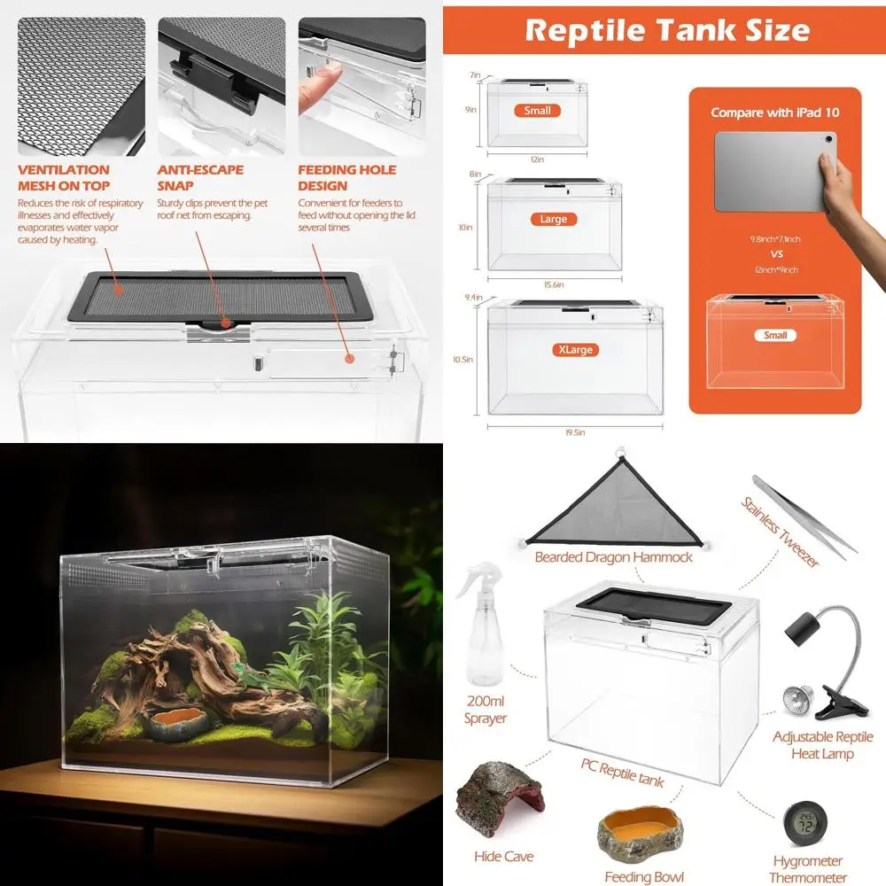 

Комплект обитания рептилий XLarge: безопасные замки, сетчатая крышка, вентилируемый, прозрачный корпус для ПК для гекконов, лягушек, пауков