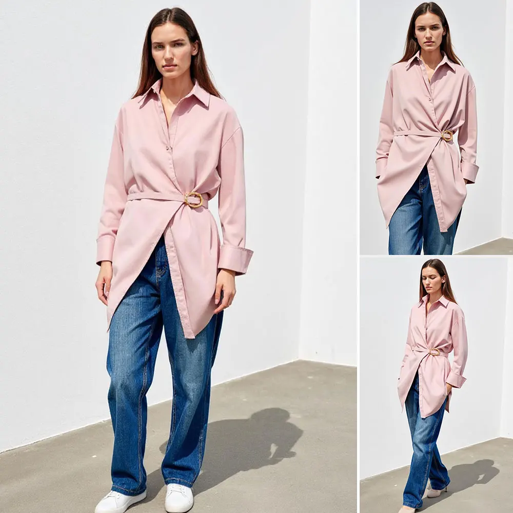 

Mia Muse Boutique Autumn Blouses 2025 Women's Elegant Metal Buckle Long Sleeve Shirt Collar Regular Fit Office Lady Blouses