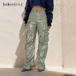 TWOTWINSTYLE Solid Patchwork Pockets Pants For Women High Waist Zipper Spliced Button Safsri LeatherStyle Pants Female Fashion