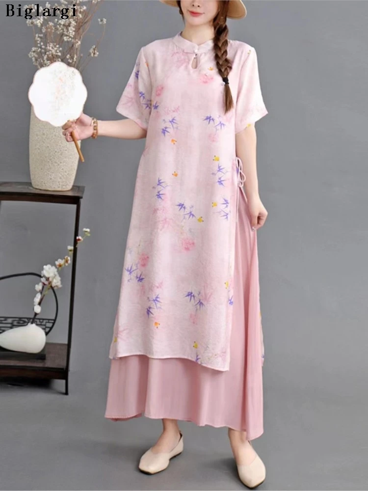 

Oversized Summer Pink Chinese Style Dress Women Flower Floral Print Fashion Elegant Ladies Dresses Loose Ruffle Woman Dress