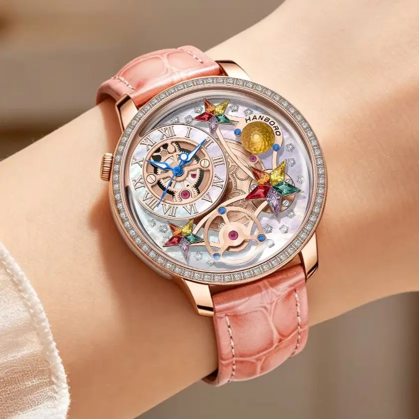 HANBORO Women Quartz Watch 40mm Ladies Wristwatch Sapphire Mirror Skeleton Cosmic Celestial Bodies Dial